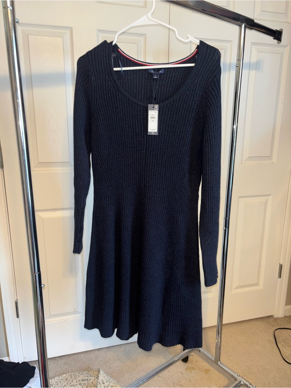 Tommy Hilfiger Black Rib-Knit Long-Sleeve Midi Dress